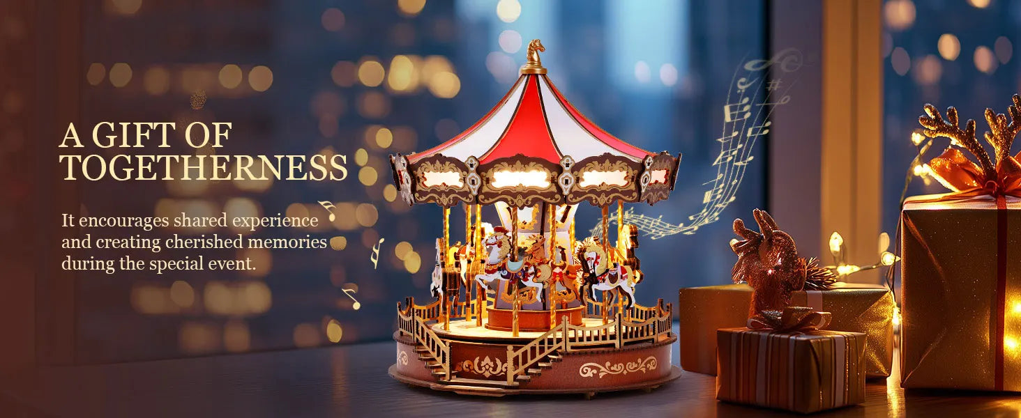 Decorative carousel with musical notes and gift boxes on a blurred background with 'A Gift of Togetherness' text.