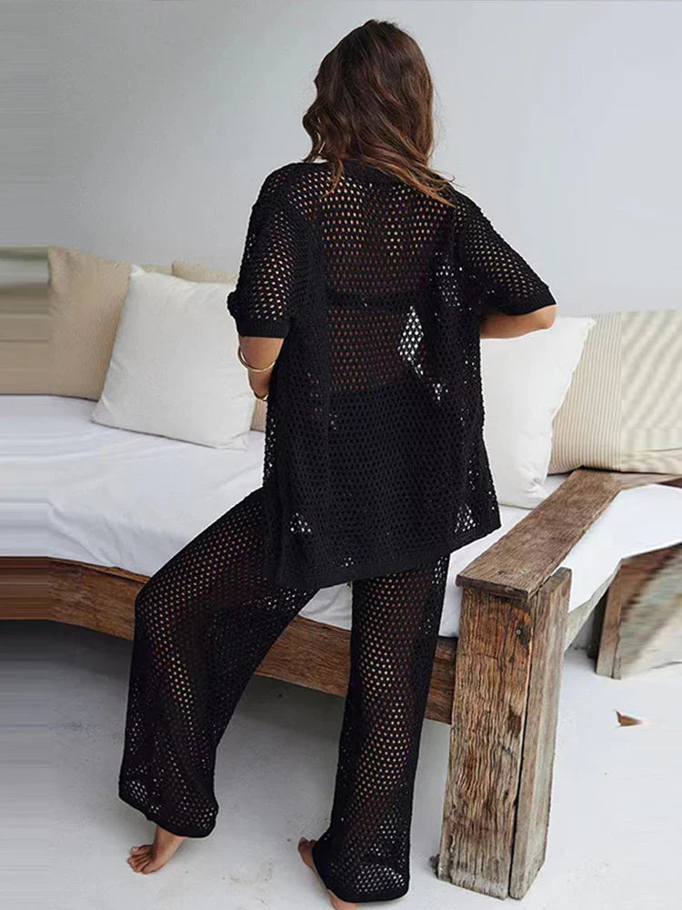 Seaside Glam – Open-Knit Cardigan & Wide-Leg Pant Ensemble