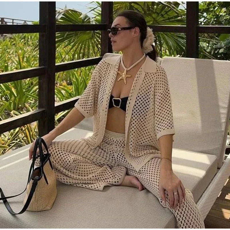 Seaside Glam – Open-Knit Cardigan & Wide-Leg Pant Ensemble