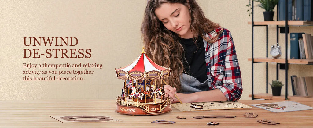 Woman working on a wooden puzzle with text 'Unwind De-Stress' on a wooden table.