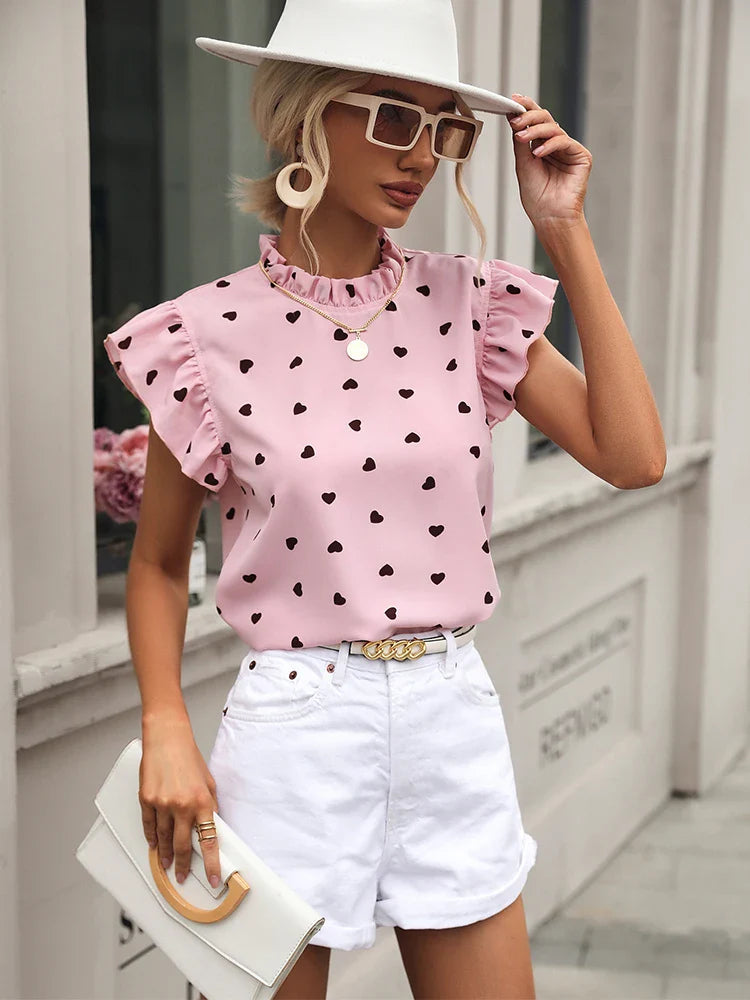 Sweetheart Style: Ruffled High-Neck Heart Print Blouse