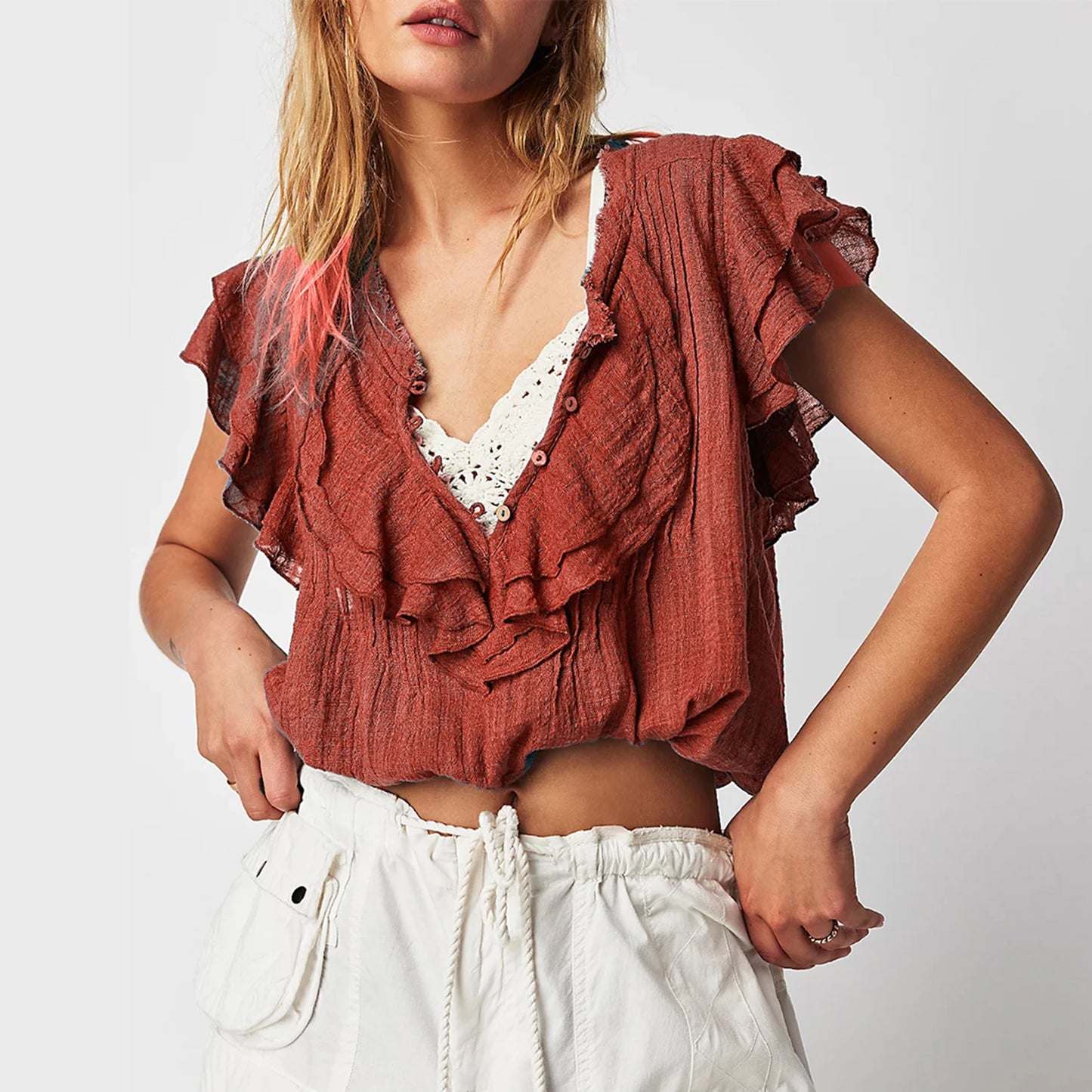 Slay the Streets – Y2K Ruffle Trim Button-Up Blouse