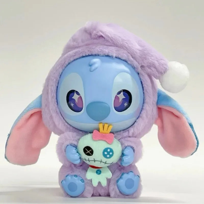 Stitch Plush toy character with a purple hood and pink ears on a white background