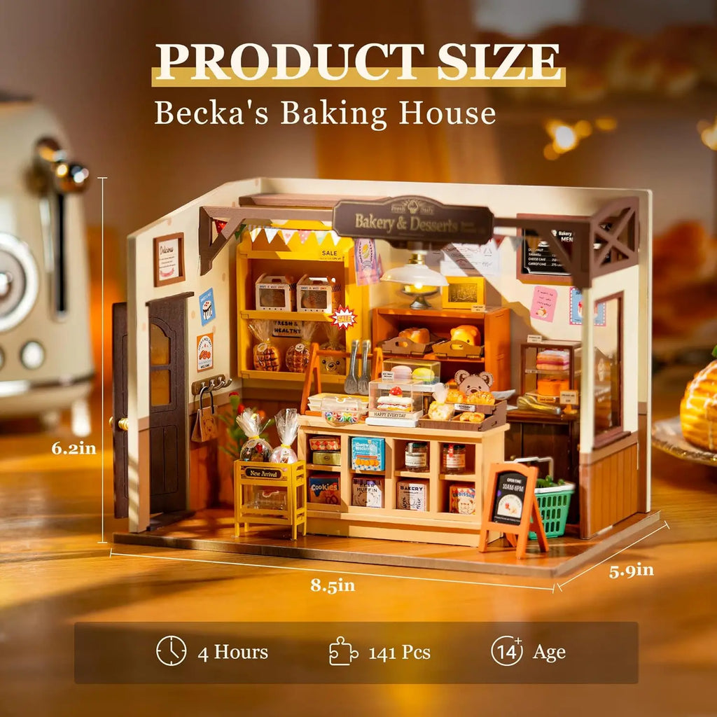 Model of a bakery with dimensions and product details displayed