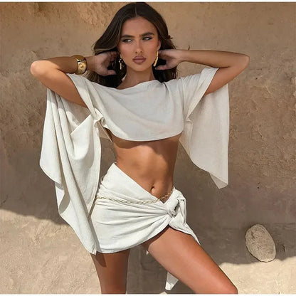 Off-Shoulder Shawl Top & Knot Skirt Set – Cotton Linen Summer Outfit