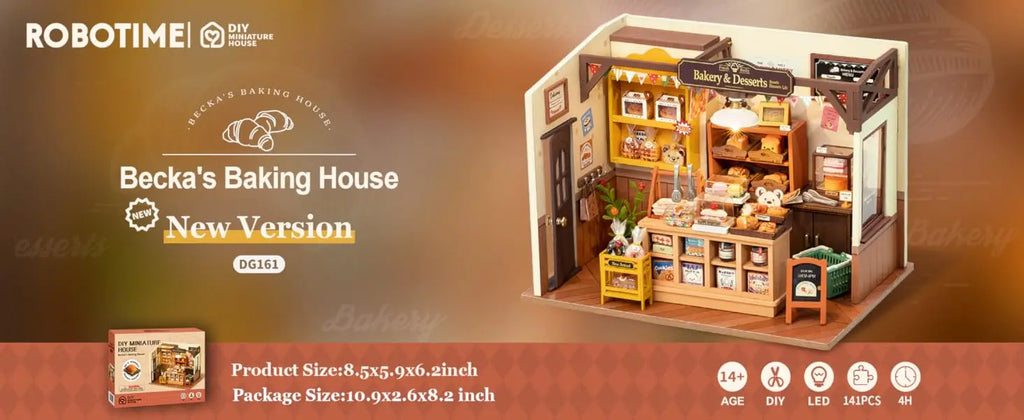 Model of a bakery with 'Becka's Baking House' branding and product details.