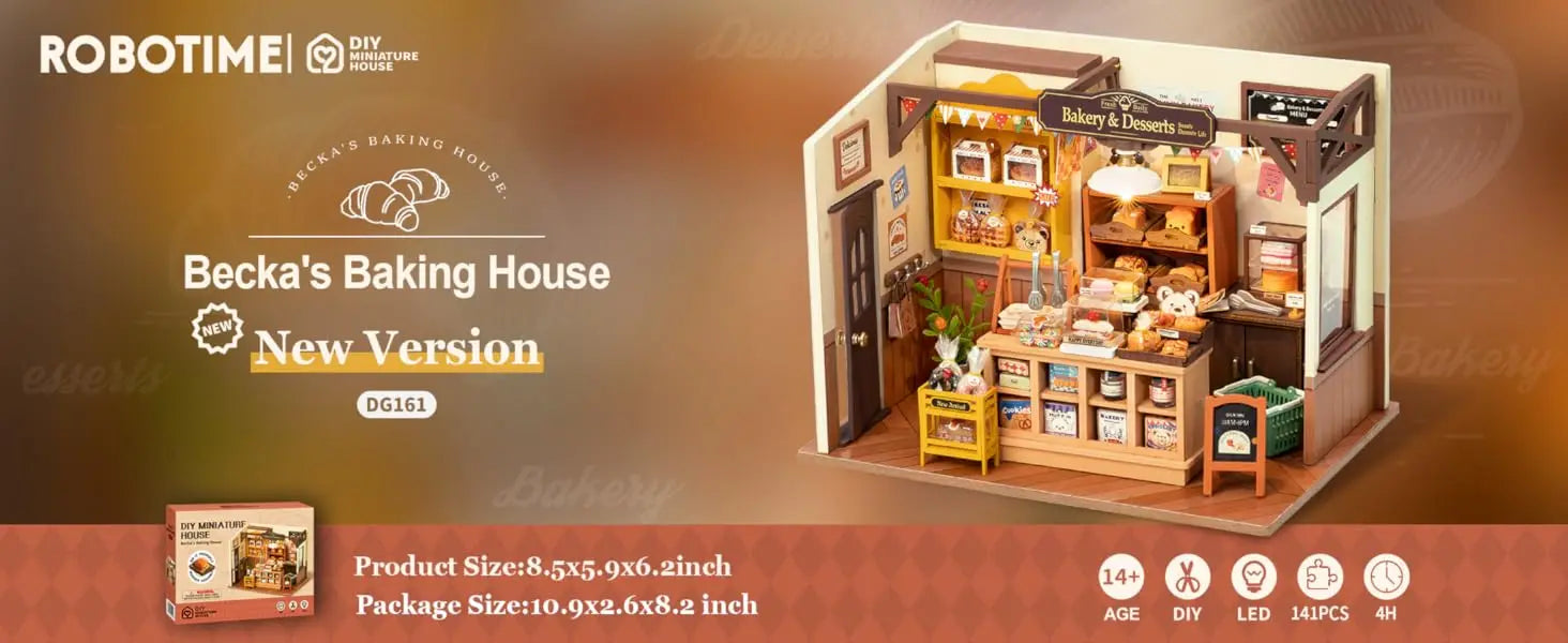 Model of a bakery with 'Becka's Baking House' branding and product details.
