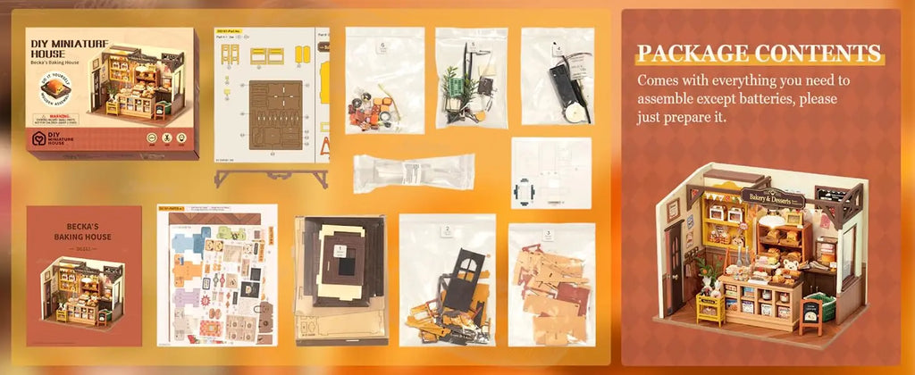 Package contents of a DIY mini club house kit with assembly instructions on an orange background.