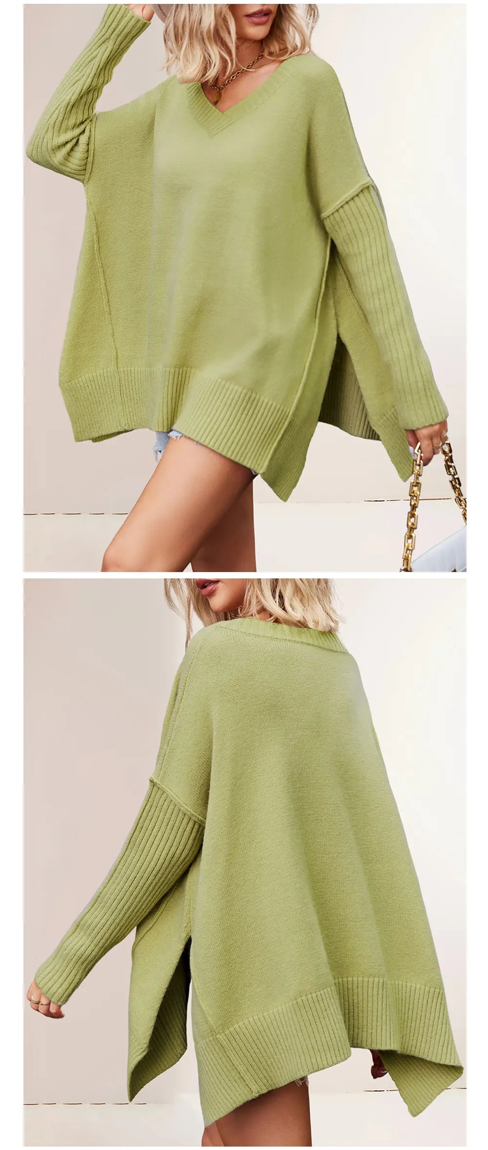 Green sweater worn by a person on a white background