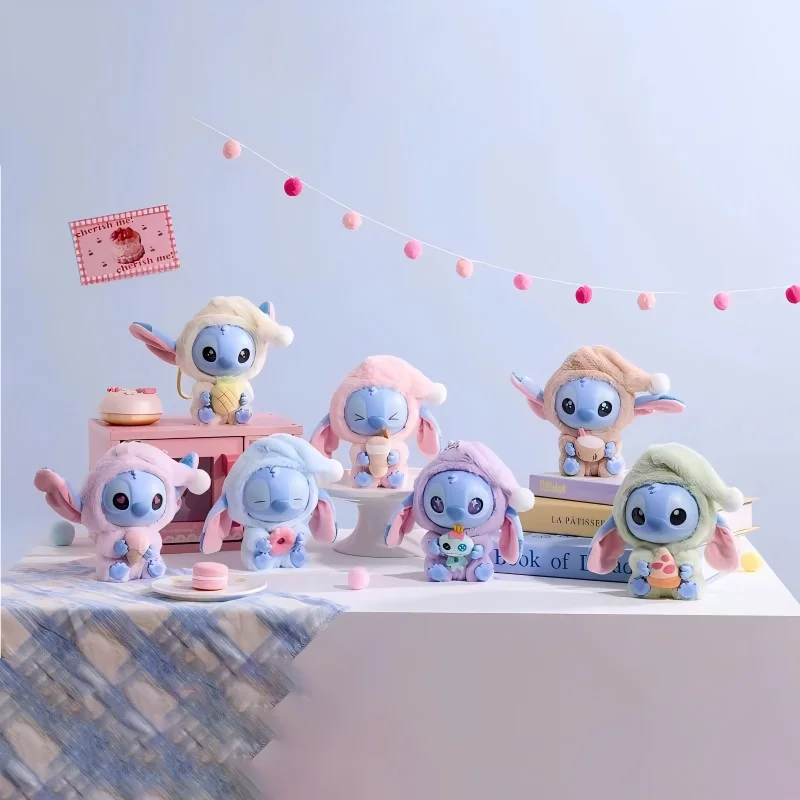 Set of cute stitch plush toys with pastel colors on a decorative table.