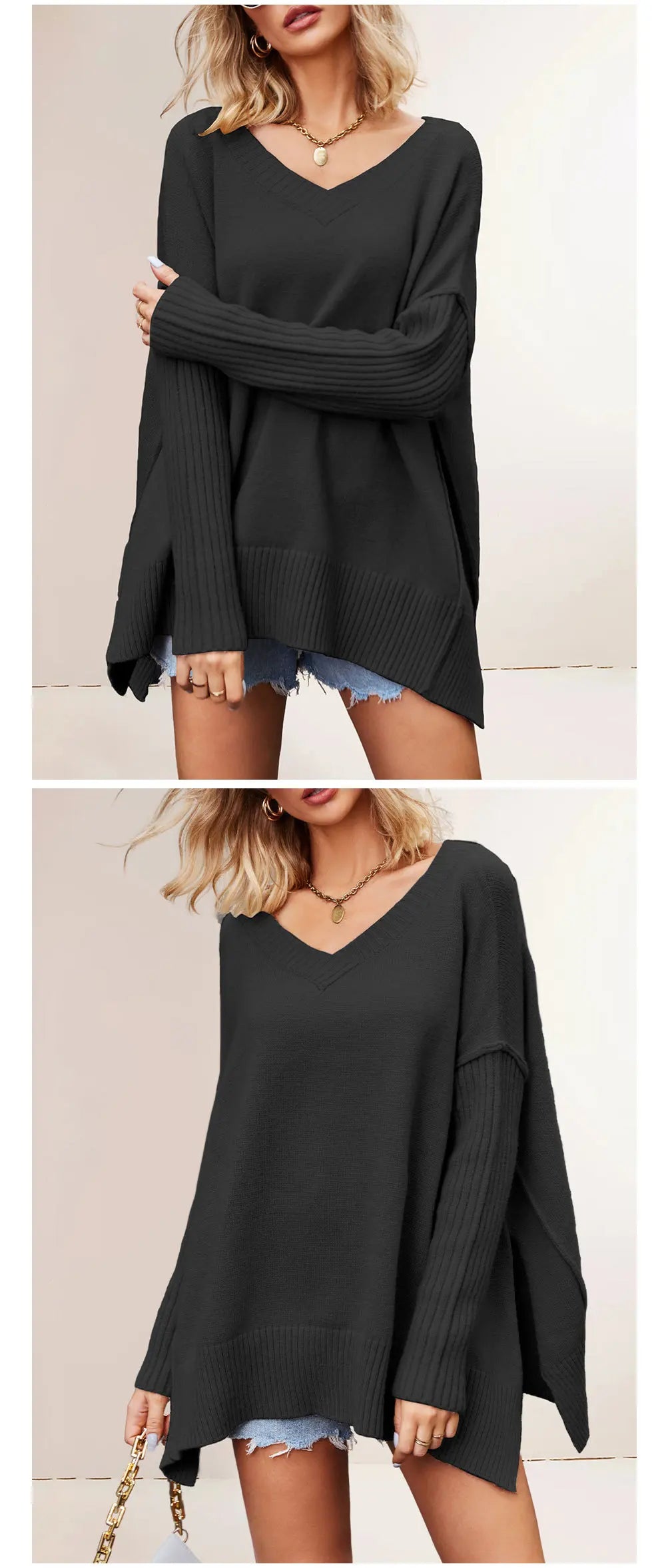 Black oversized sweater worn by a model on a plain background