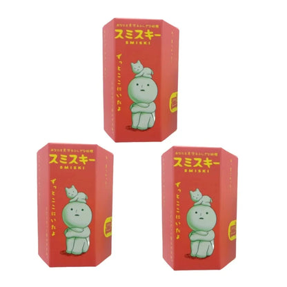 Smiski, living room series. Three red boxes with a green character on a white background