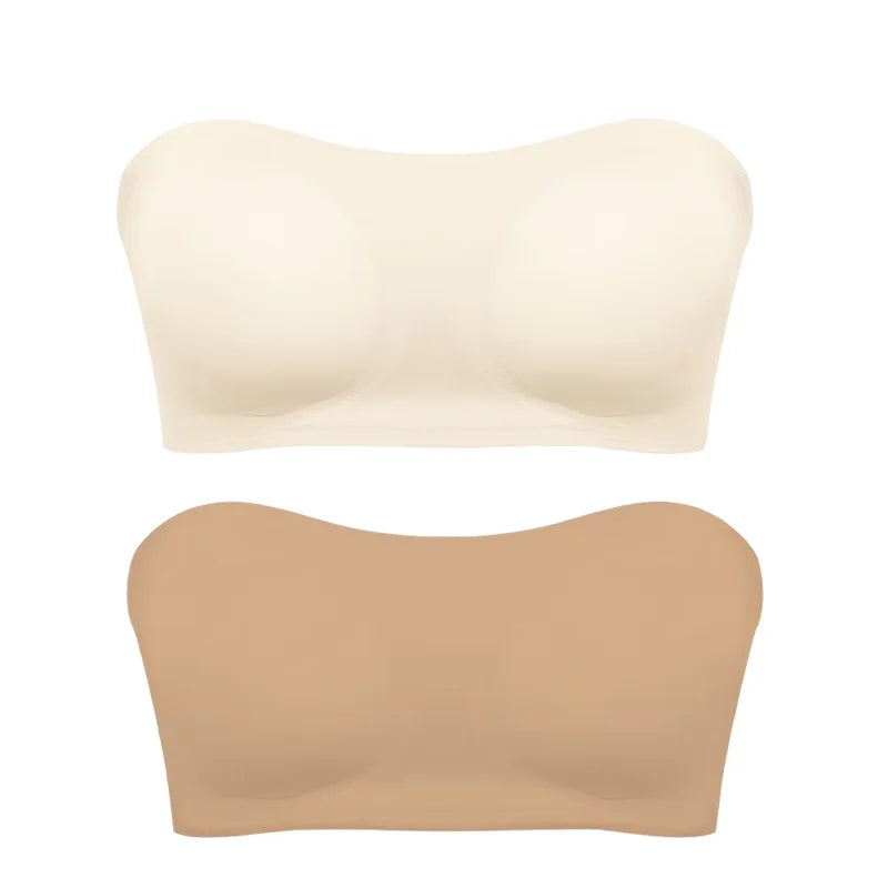 Two strapless bras in beige and brown on a white background