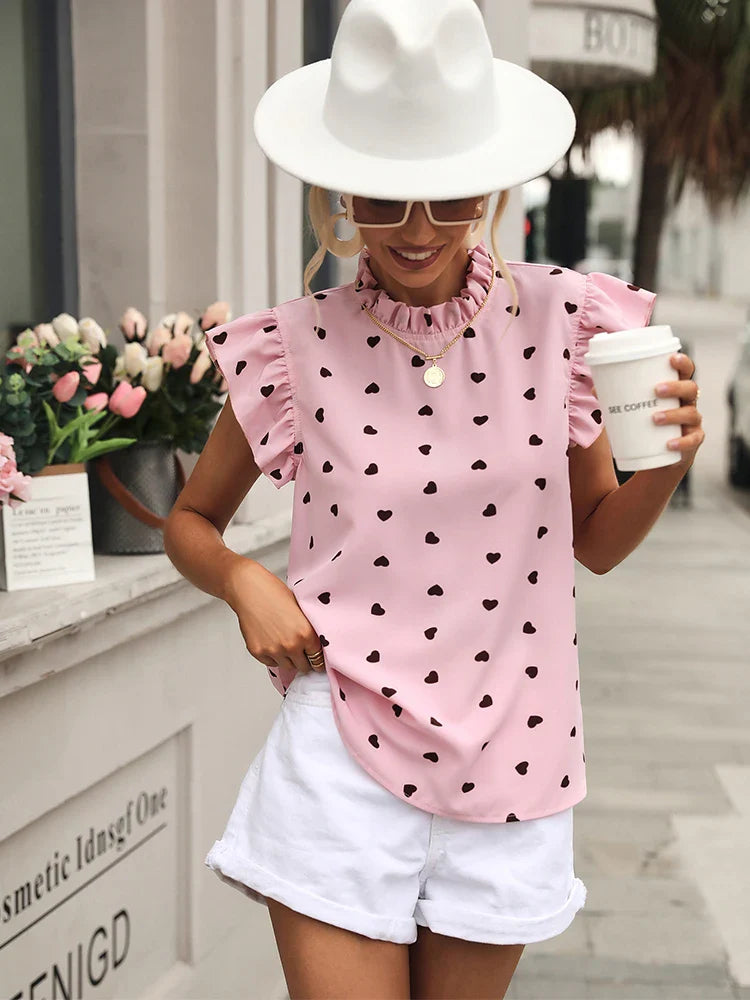 Sweetheart Style: Ruffled High-Neck Heart Print Blouse