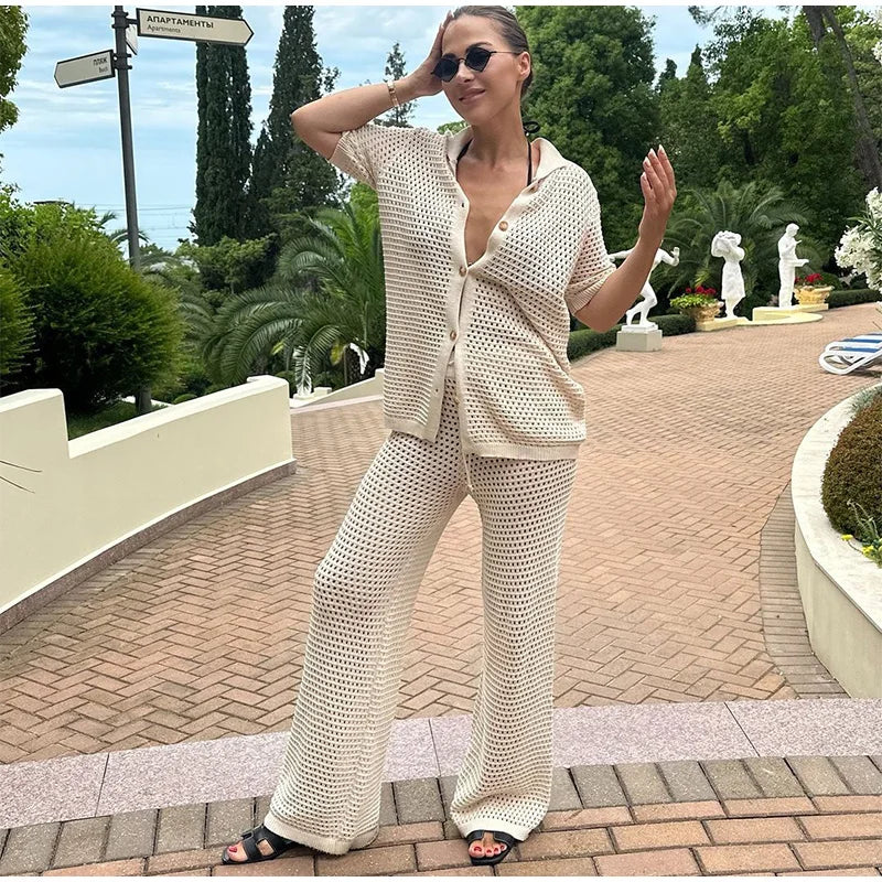 Seaside Glam – Open-Knit Cardigan & Wide-Leg Pant Ensemble