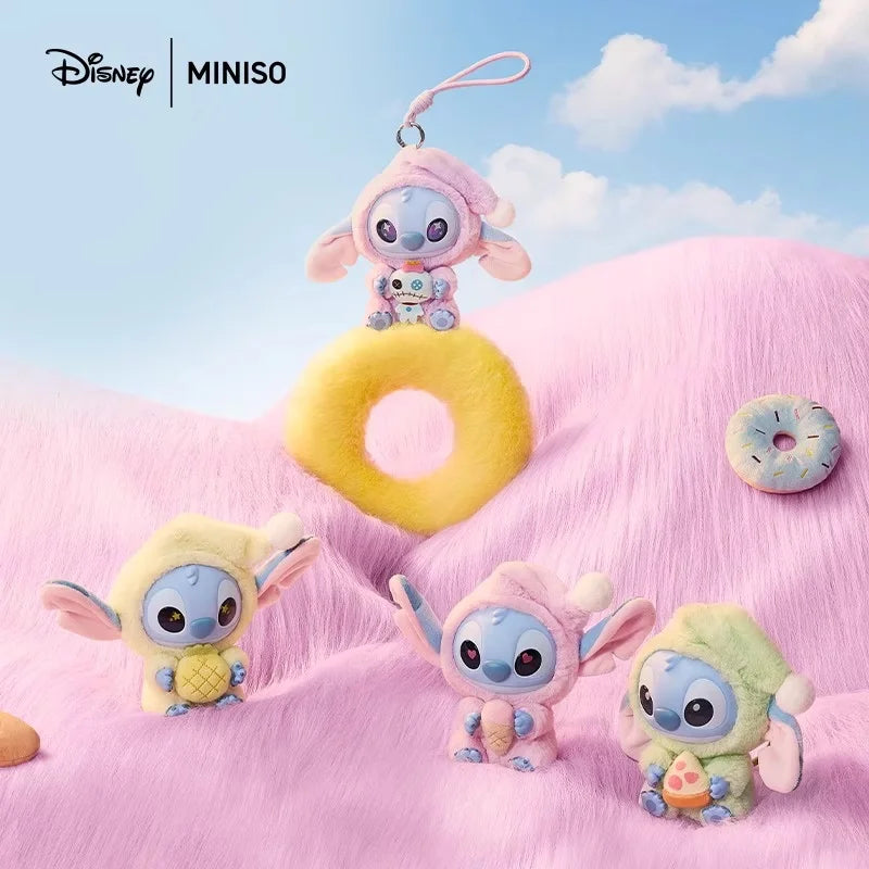 Disney Miniso Stitch plush toys on a pink and blue background