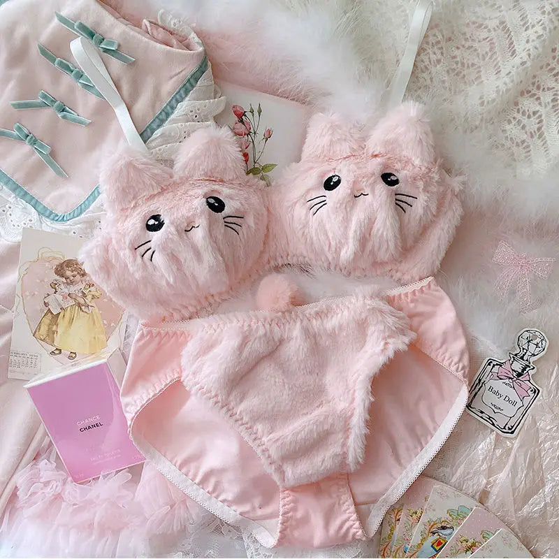 Japanese Girls Cute Lingerie Set: Cartoon Bear Plush Wireless Bra & Panty for Women