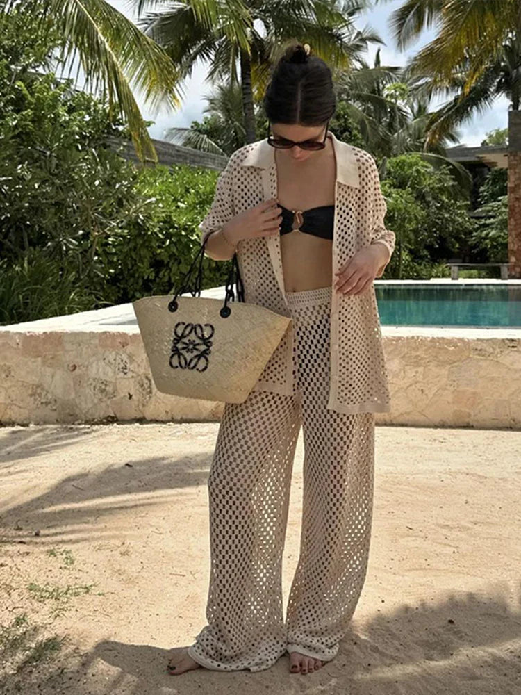 Seaside Glam – Open-Knit Cardigan & Wide-Leg Pant Ensemble