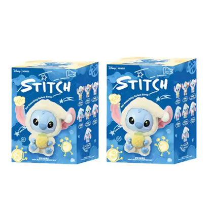 Two blue boxes featuring a cartoon character on a white background. Miniso Stitch eat something before sleep, blind box.