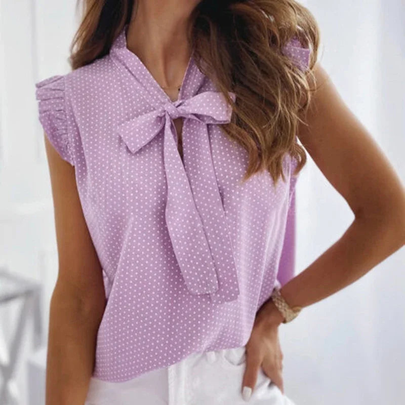 Classic Polka Dot Design | Feminine Ruffle Sleeve Top with Bow