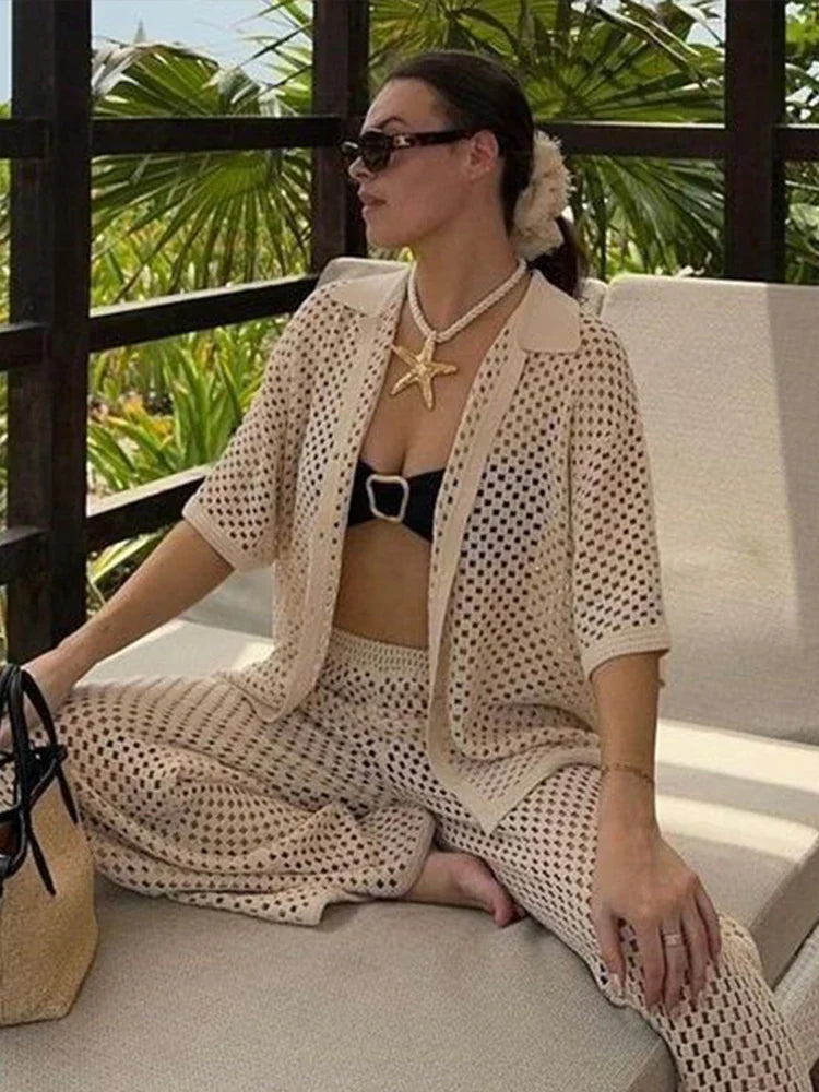 Seaside Glam – Open-Knit Cardigan & Wide-Leg Pant Ensemble