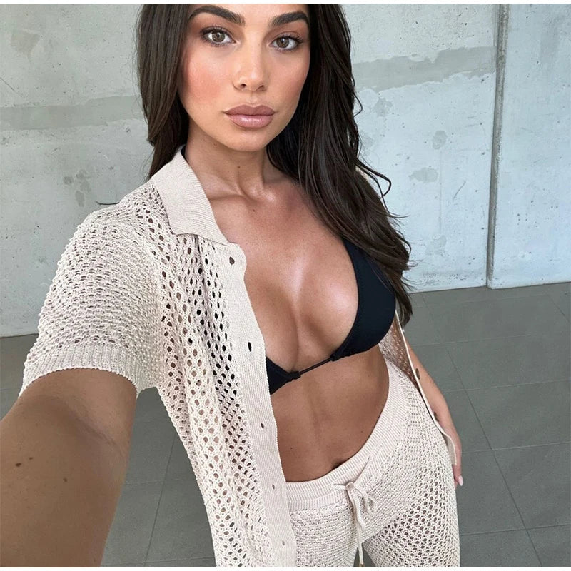 Seaside Glam – Open-Knit Cardigan & Wide-Leg Pant Ensemble