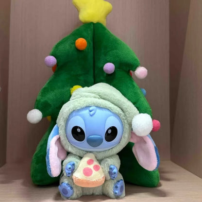 Stitch plush toy with a Christmas tree in the background