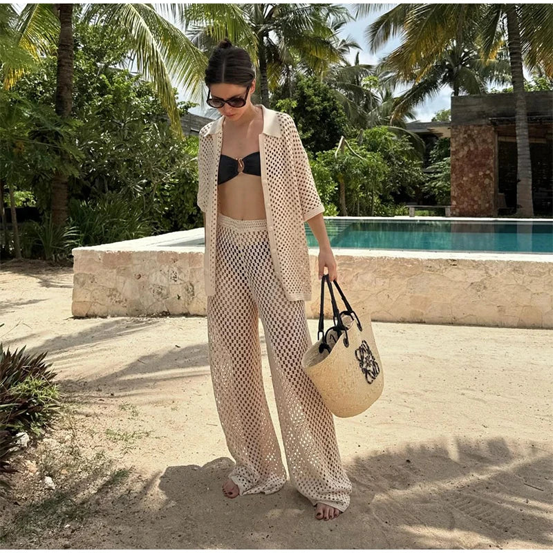 Seaside Glam – Open-Knit Cardigan & Wide-Leg Pant Ensemble