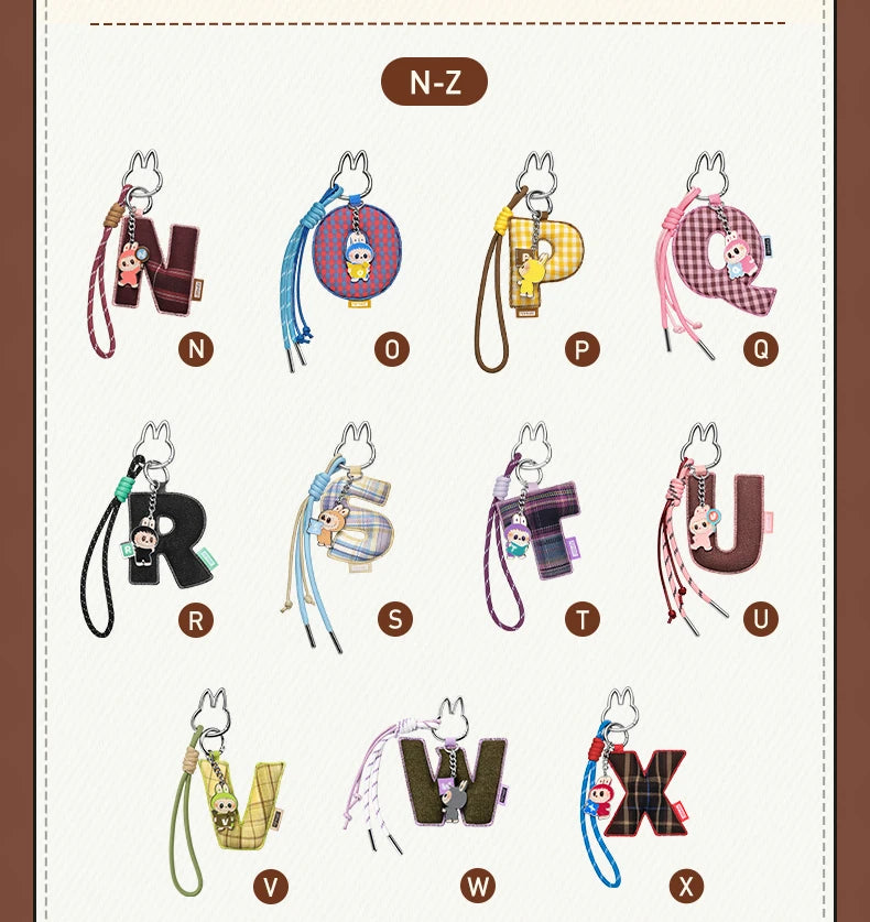 Labubu Pin for Love. Alphabet keychains from N to Z on a white background with a brown border.