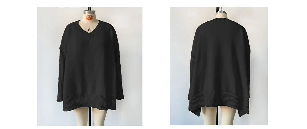 Black sweater on a mannequin with front and back views against white backgrounds.