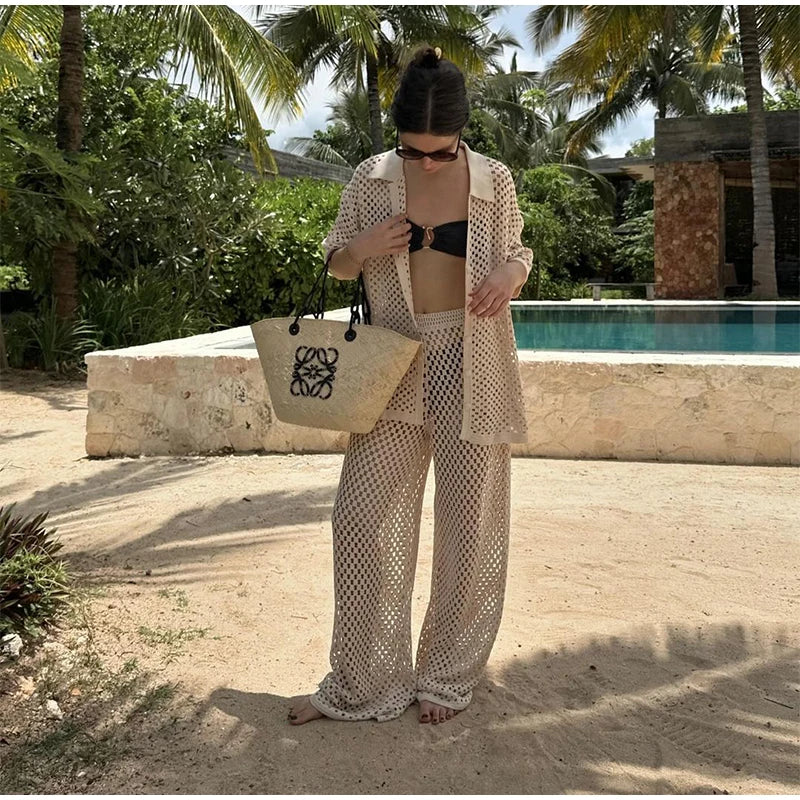 Seaside Glam – Open-Knit Cardigan & Wide-Leg Pant Ensemble