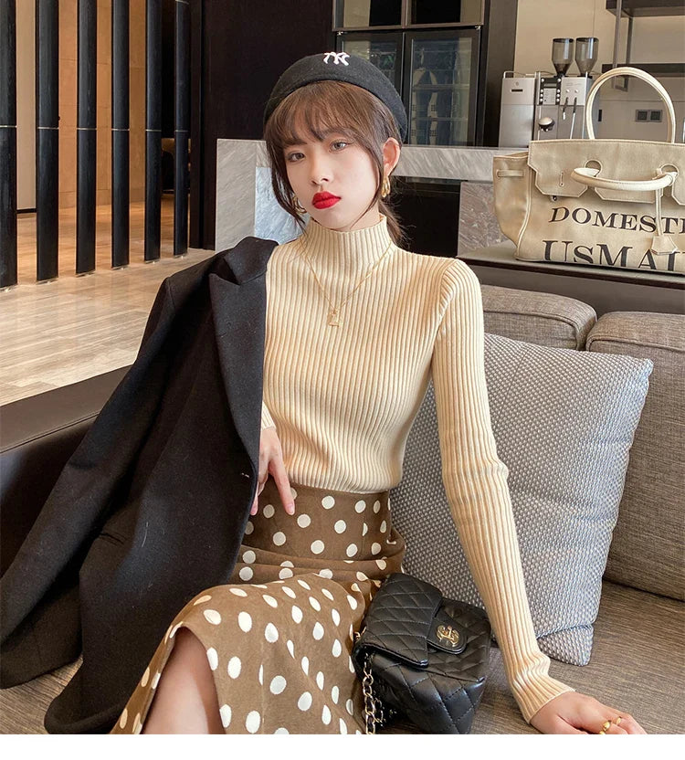 Elegante: Slim Fit Knitted Turtleneck Sweater – Chic Korean Style Pullover