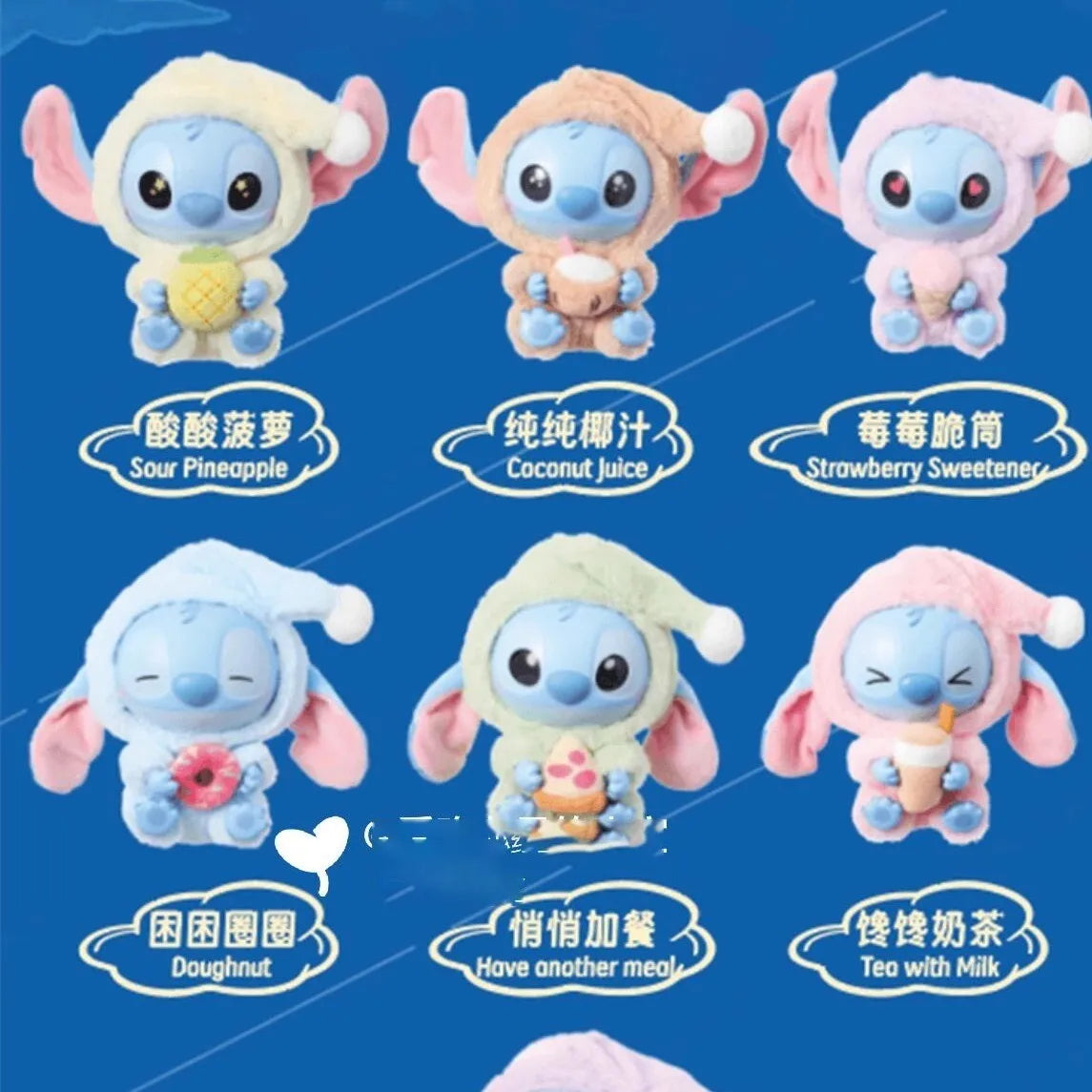 Set of six cartoon character plush toys with different outfits on a blue background. Misni Stitch eat something before sleep series