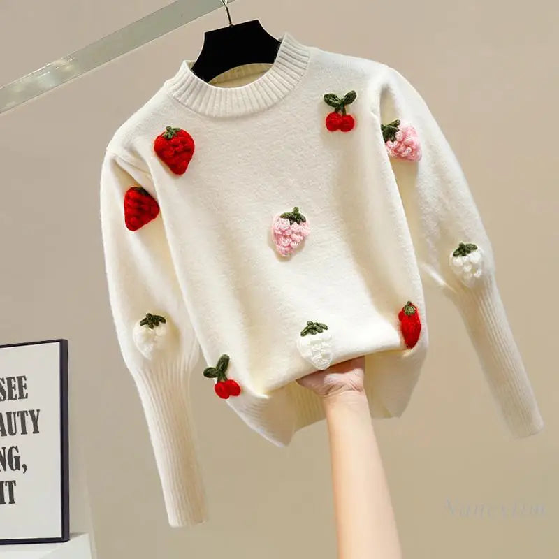 Fruit Embroidered Knit Sweater – Sweet & Stylish 🍓🍒