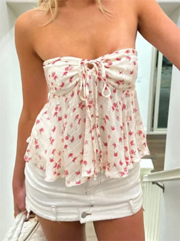 Flirty & Fun: Off-Shoulder Ruched Tube Top with Tie-Up Detail