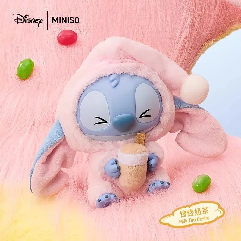 Stitch. Plush toy resembling a cartoon character holding an ice cream cone on a pink background with Disney and Miniso branding.