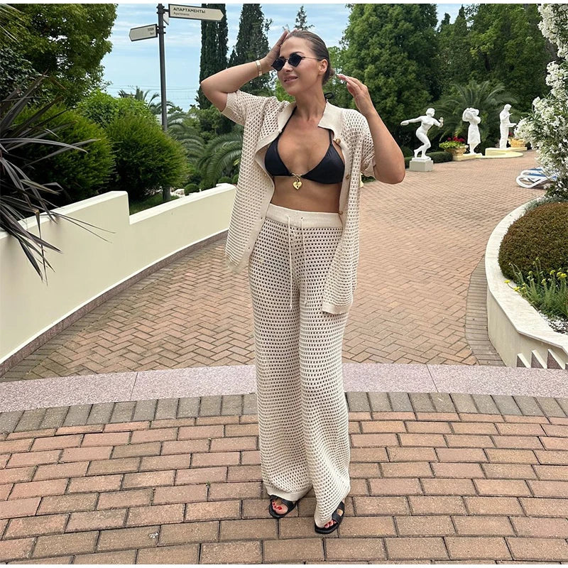 Seaside Glam – Open-Knit Cardigan & Wide-Leg Pant Ensemble