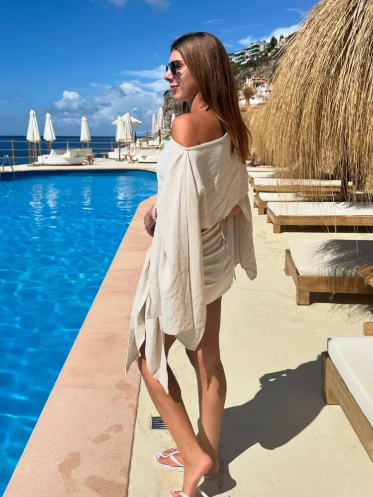 Off-Shoulder Shawl Top & Knot Skirt Set – Cotton Linen Summer Outfit