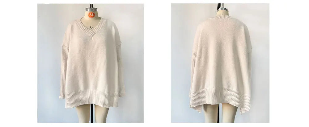 Beige sweater on a mannequin with front and back views against a white background
