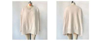 Beige sweater on a mannequin with front and back views against a white background