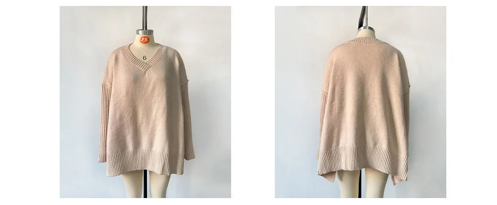 Beige sweater on a mannequin with front and back views against a white background