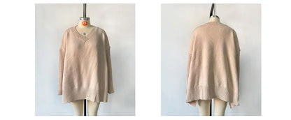 Beige sweater on a mannequin with front and back views against a white background