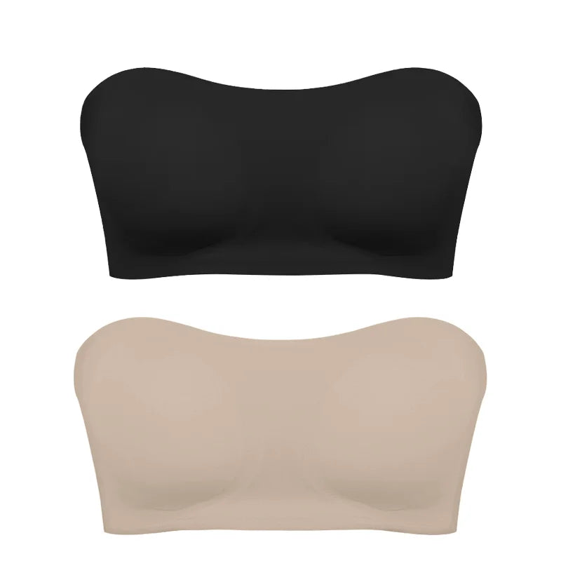 Black and beige strapless bras on a white background