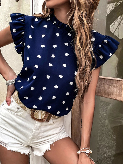 Sweetheart Style: Ruffled High-Neck Heart Print Blouse