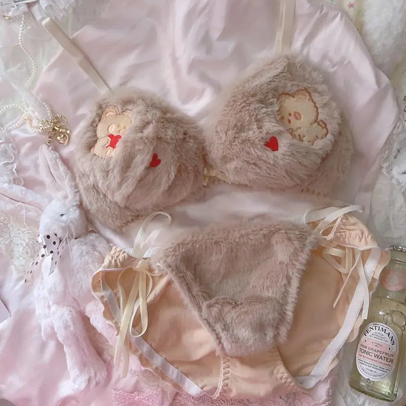 Japanese Girls Cute Lingerie Set: Cartoon Bear Plush Wireless Bra & Panty for Women