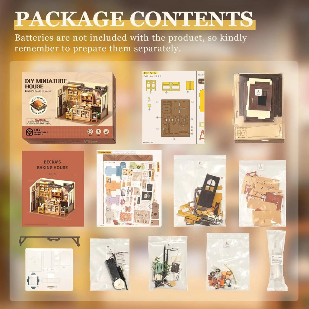 Package contents of a DIY miniature house kit with instructions and parts on a gradient background.