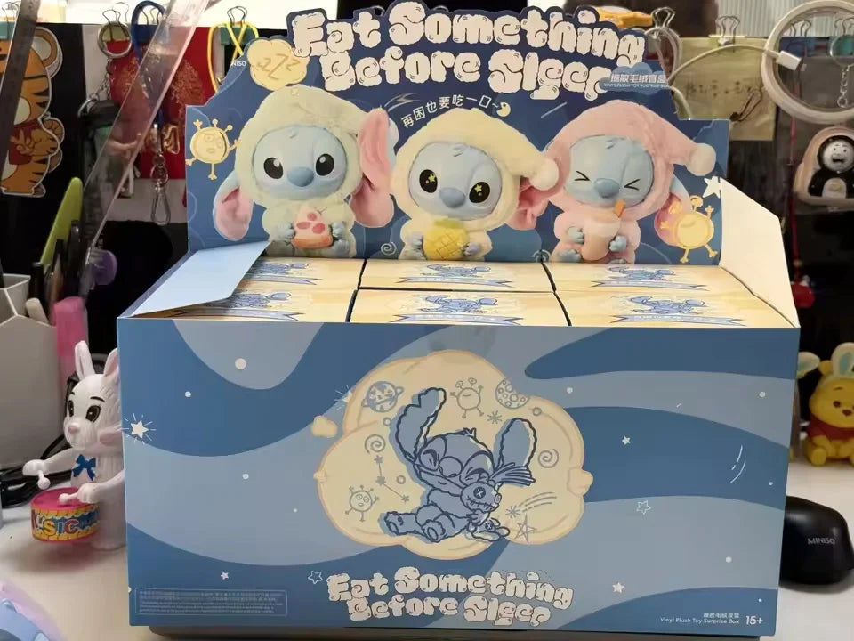 Miniso Stitch-themed snack packaging with 'Eat Something Before Sleep' text
