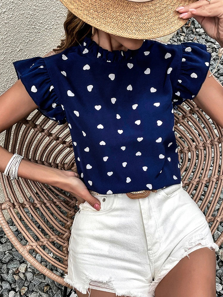 Sweetheart Style: Ruffled High-Neck Heart Print Blouse