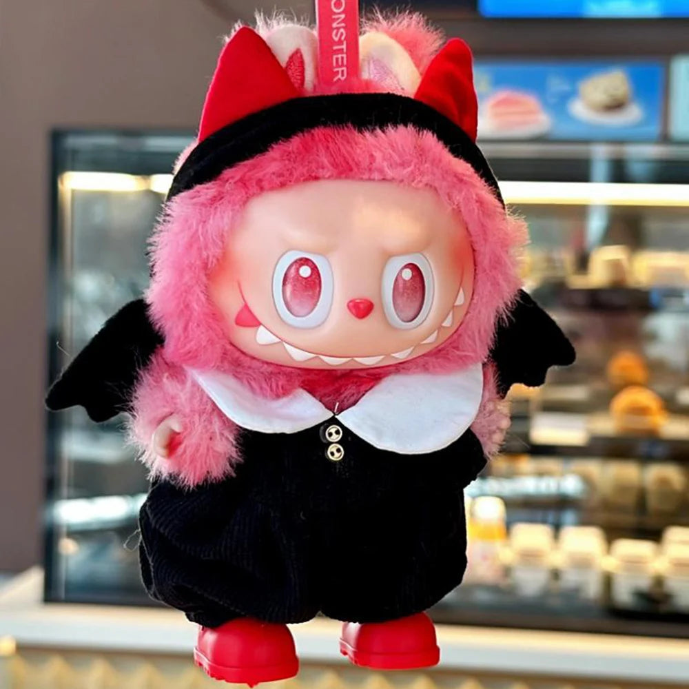 Labubu with pink and black design in a store setting
