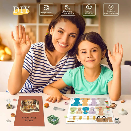 Woman and child playing with a board game, surrounded by educational icons.